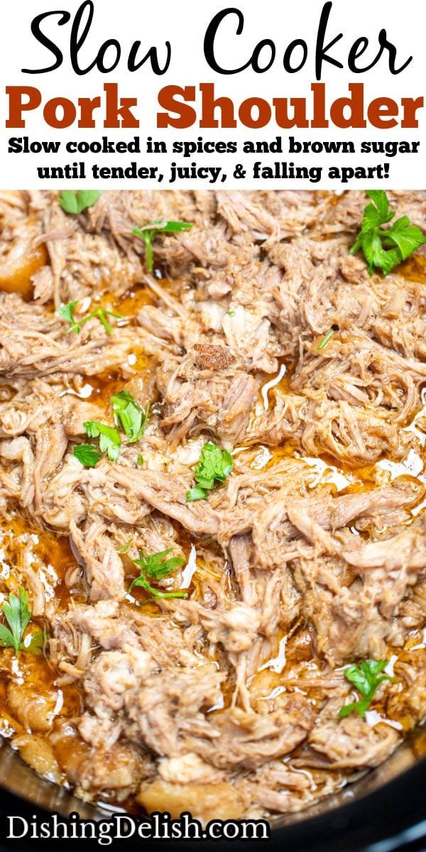 Pinterest pin with a slow cooker full of shredded pork shoulder in broth and drippings.