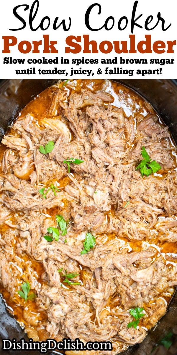 Pinterest pin with a slow cooker full of shredded pork shoulder in broth and drippings.