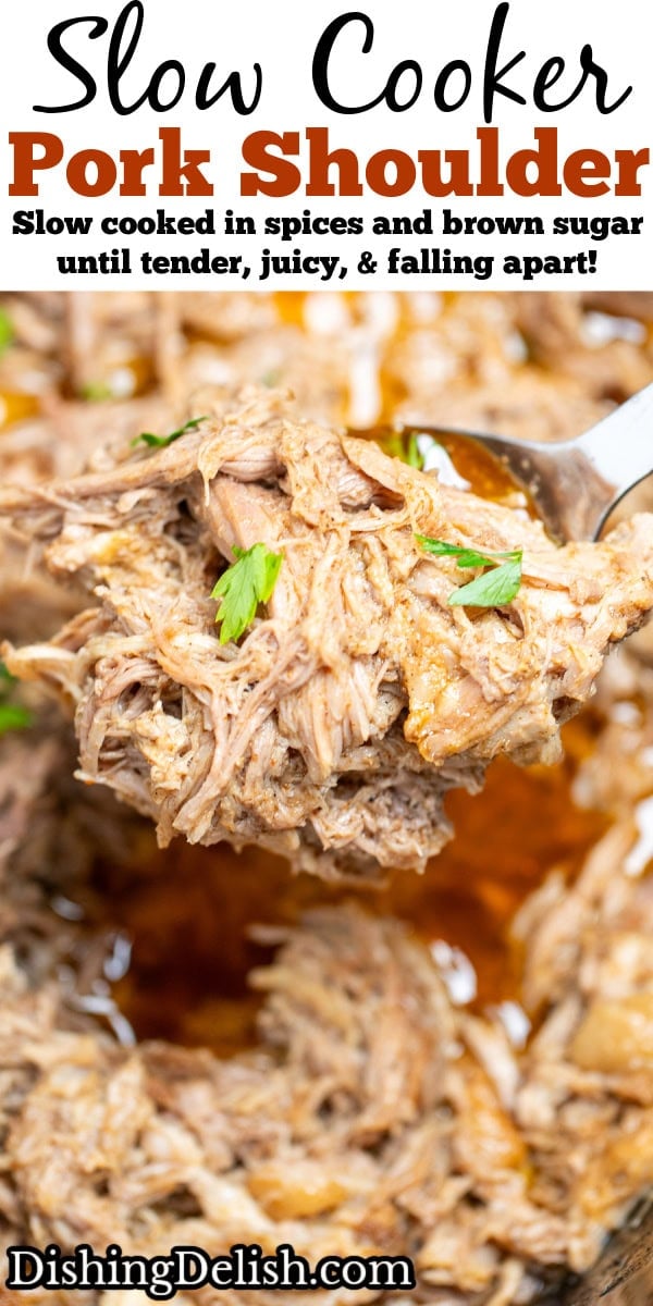 Pinterest pin with a slow cooker full of shredded pork shoulder in broth and drippings, with a spoon lifting some up.