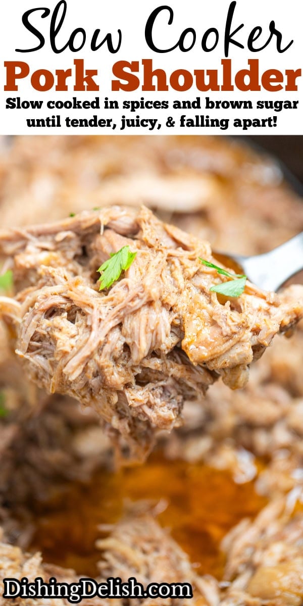 Pinterest pin with a slow cooker full of shredded pork shoulder in broth and drippings, with a spoon lifting some up.