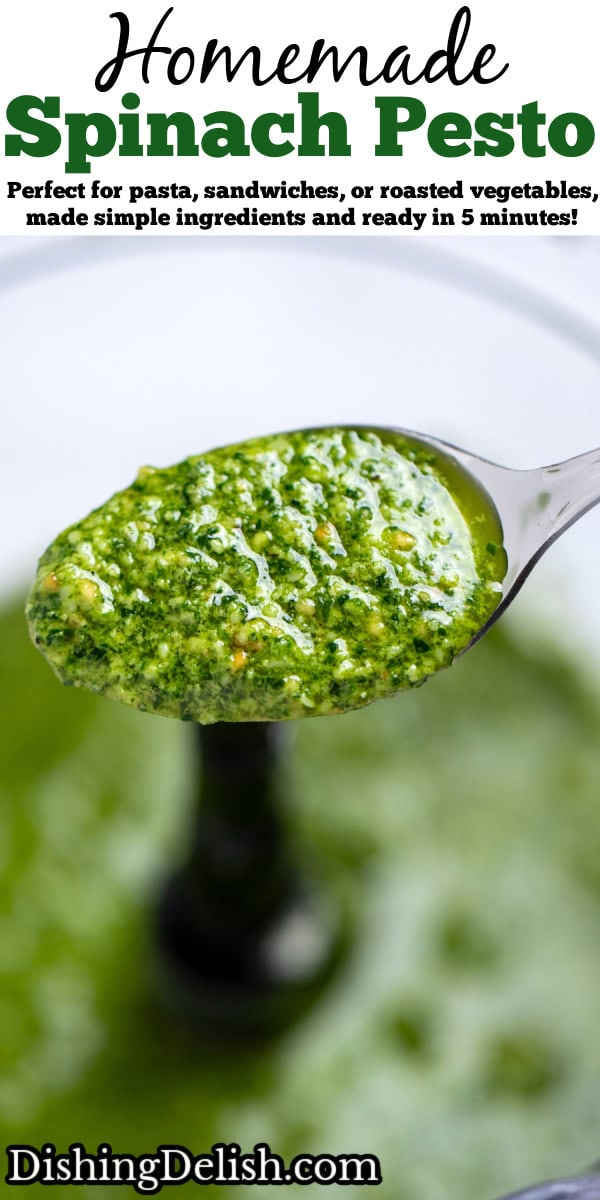 Pinterest pin with a spoon lifting some spinach pesto out of the food processor.