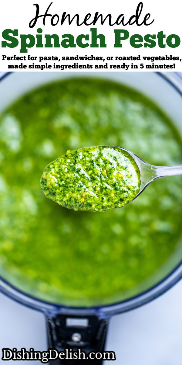 Pinterest pin with a spoon lifting some spinach pesto out of the food processor.