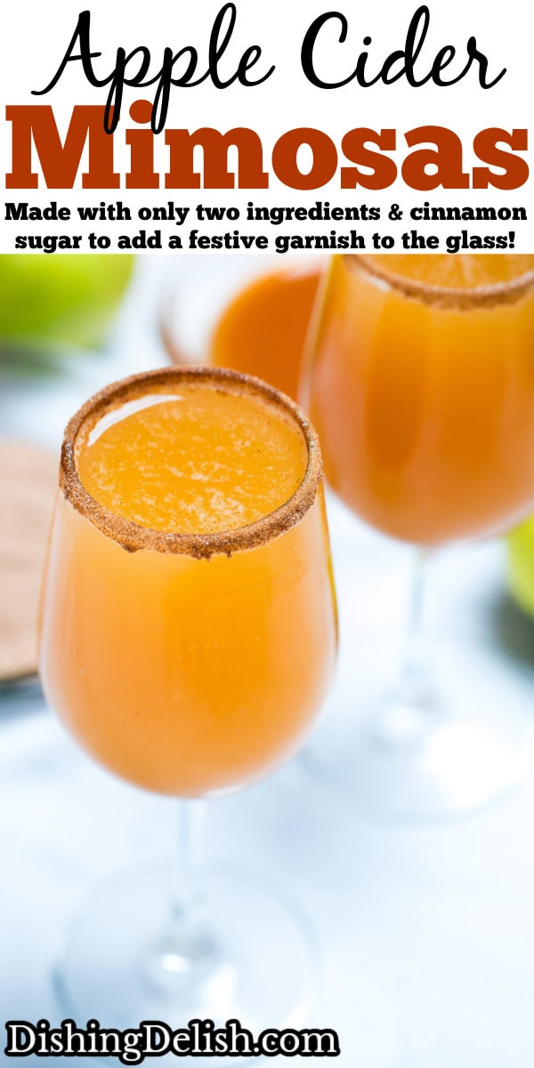 Pinterest pin with a wine glass filled with apple cider mimosas, with another wine glass and a small bowl of caramel on a table in the background.