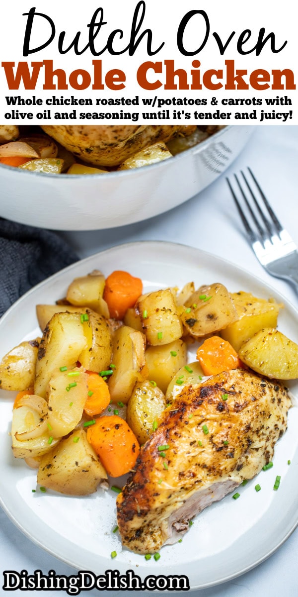 Pinterest pin with a roasted chicken breast and potatoes topped with chopped chives on a plate next to a fork, in front of a dutch oven whole chicken.