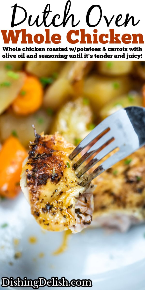 Pinterest pin with a fork lifting a piece of roasted chicken with caramelized skin and herbs above a plate with a chicken breast, potatoes, and carrots topped with chopped chives.