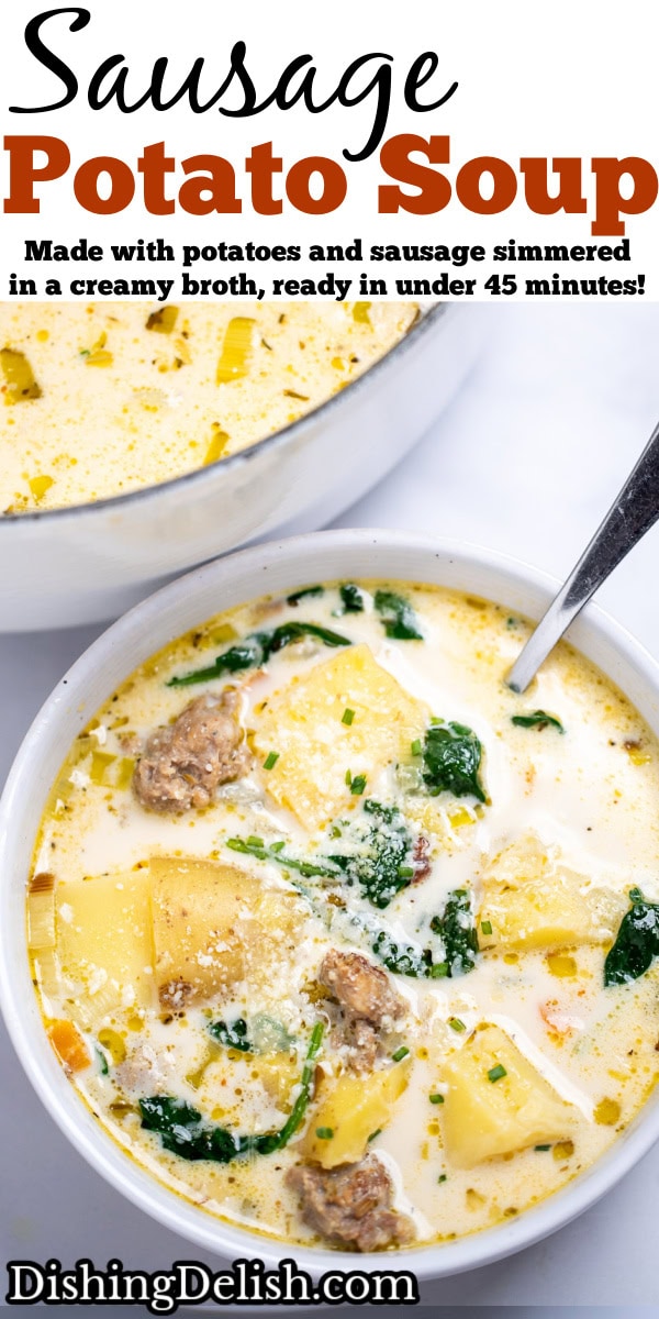 Pinterest pin with a bowl of sausage potato soup on a table with a spoon in the bowl, in front of a dutch oven of soup.