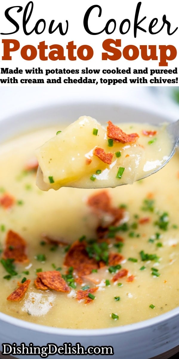 Pinterest pin with a bowl of slow cooker potato soup topped with chives and crispy bacon, with a spoon lifting up some soup.