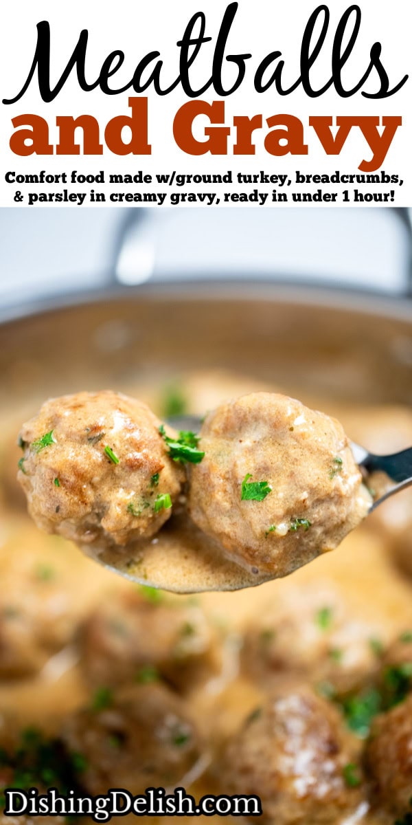 Pinterest pin with a spoon lifting meatballs out of a skillet topped with fresh parsley.