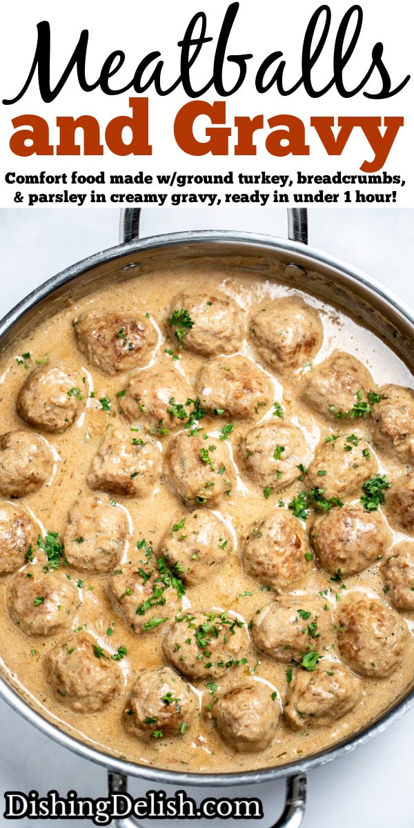 Pinterest pin with a large skillet full of meatballs in gravy topped with fresh parsley.
