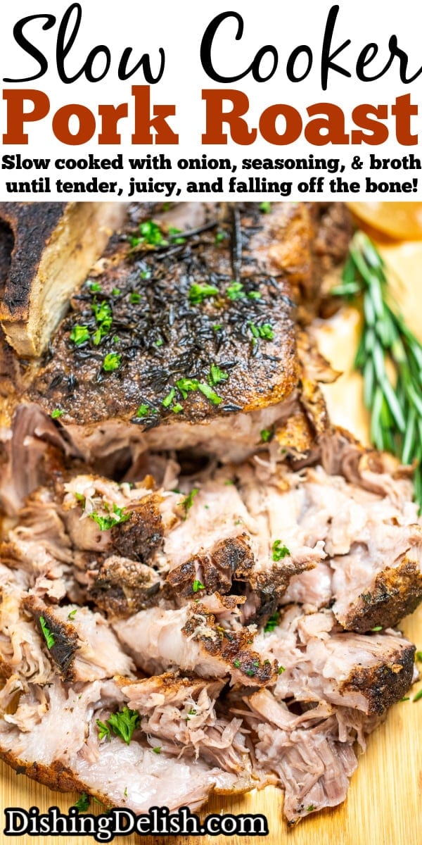 Pinterest pin with a pork roast on a cutting board topped with fresh parsley, next to fresh rosemary, with the front part of the roast shredded.