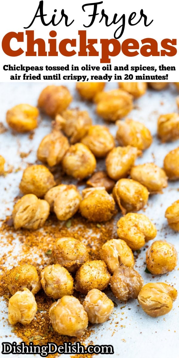 Pinterest pin with air fryer chickpeas on a table on top of seasoning.