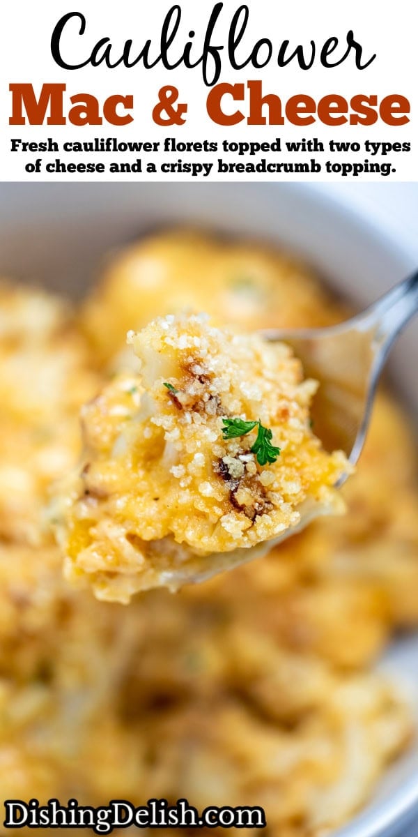Pinterest pin with a spoon lifting up cauliflower mac and cheese from a bowl, topped with fresh chopped parsley.