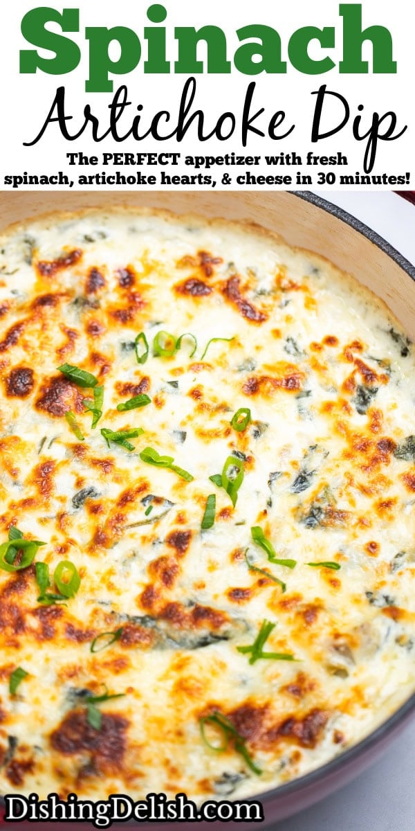 Pinterest pin with a dutch oven full of spinach artichoke dip with a caramelized top, topped with chopped green onions.
