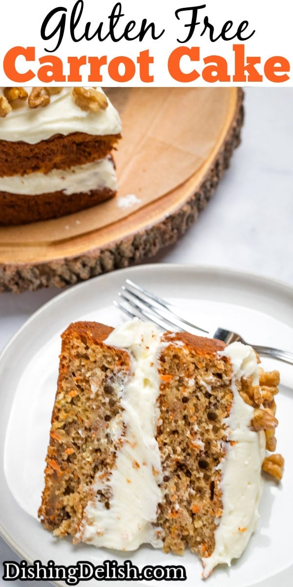 Pinterest pin with a piece carrot cake on plate with a fork, with a layer of cream cheese frosting in the middle and on top, with walnuts. There is a full cake in the background.