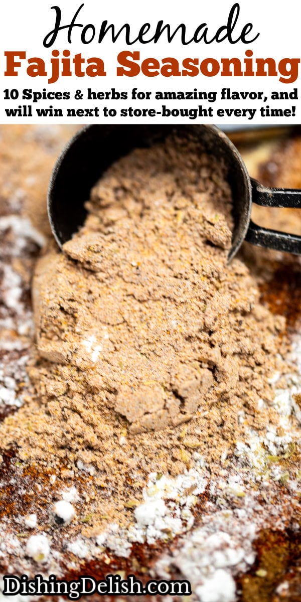 Pinterest pin with fajita seasoning pouring out of a tablespoon that's resting on a cutting board.