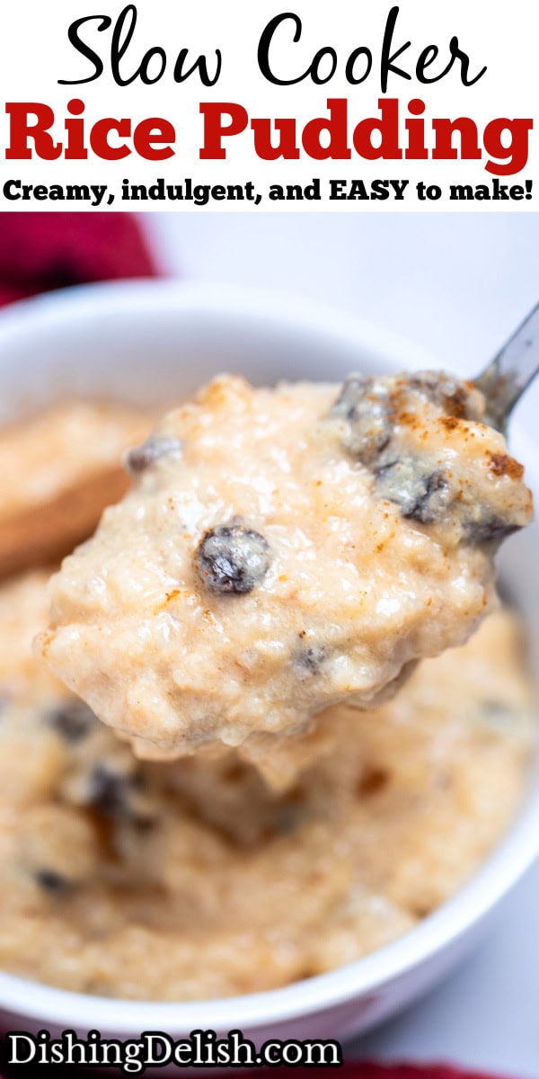 Pinterest pin with a bowl of rice pudding on a table next to a dish towel, with a spoon lifting up some pudding.