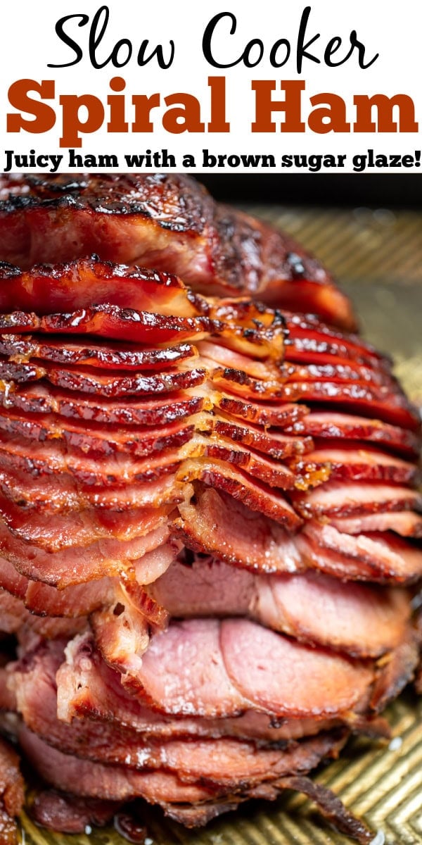 A pinterest pin with a spiral ham on a sheet pan, with layers of ham separated from each other.