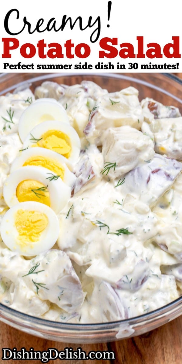 Pinterest pin with a mixing bowl on a cutting board full of red potato salad with a hard boiled egg on top.