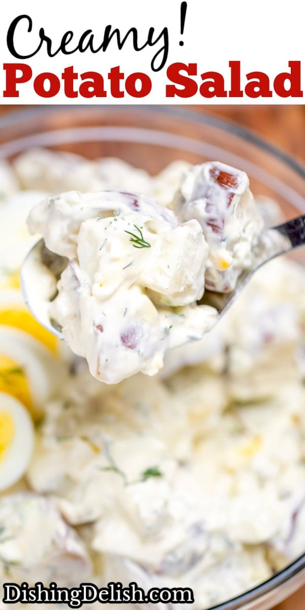 Pinterest pin with a mixing bowl on a cutting board full of red potato salad with a hard boiled egg on top with a spoon lifting some up.