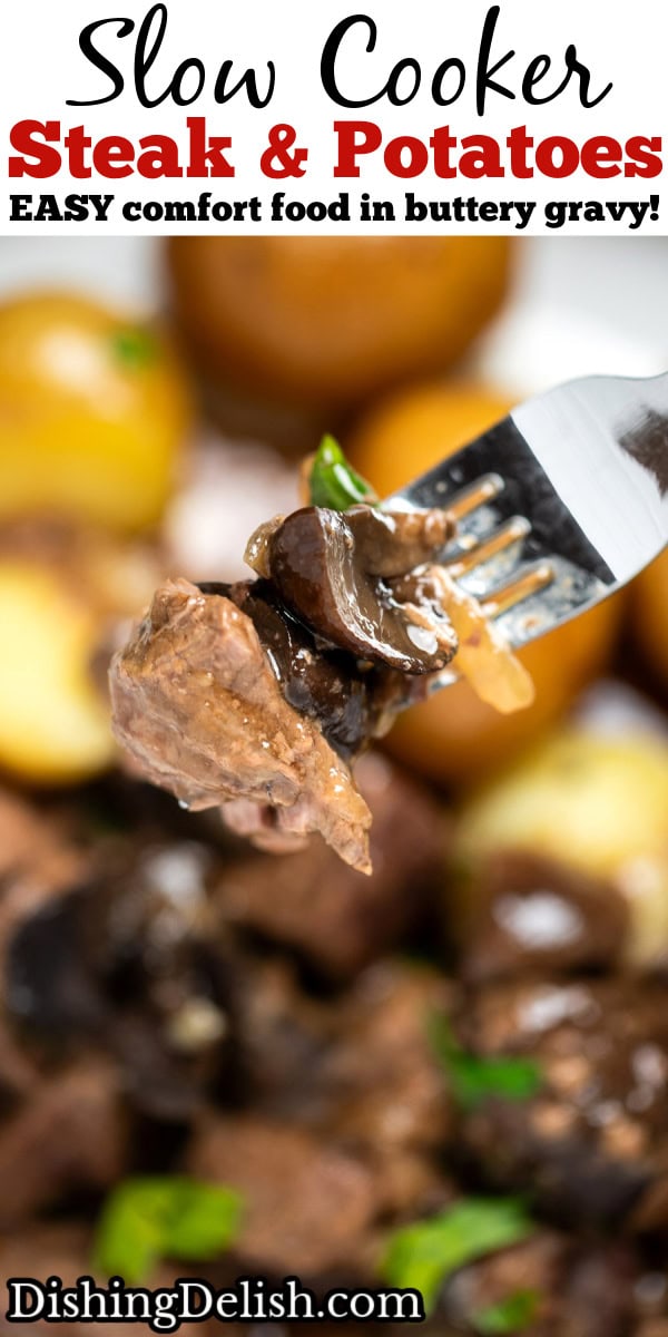Pinterest pin with a fork holding a piece of mushroom and steak, above a plate with steak and potatoes.