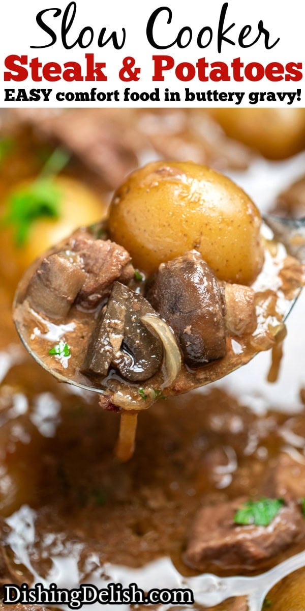 Pinterest pin with a spoon lifting slow cooker steak and potatoes out of the crockpot.
