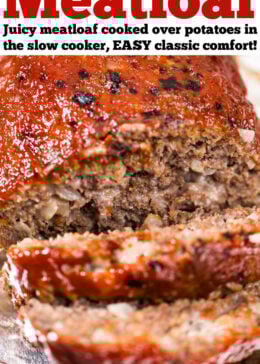 Pinterest pin with a crockpot meatloaf on aluminum foil, with two slices falling from the front of the loaf.