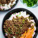 A pinterest pin with a bowl of rice topped with seasoned beef with raw carrot sticks and green onions, with another bowl and green onions in the background.