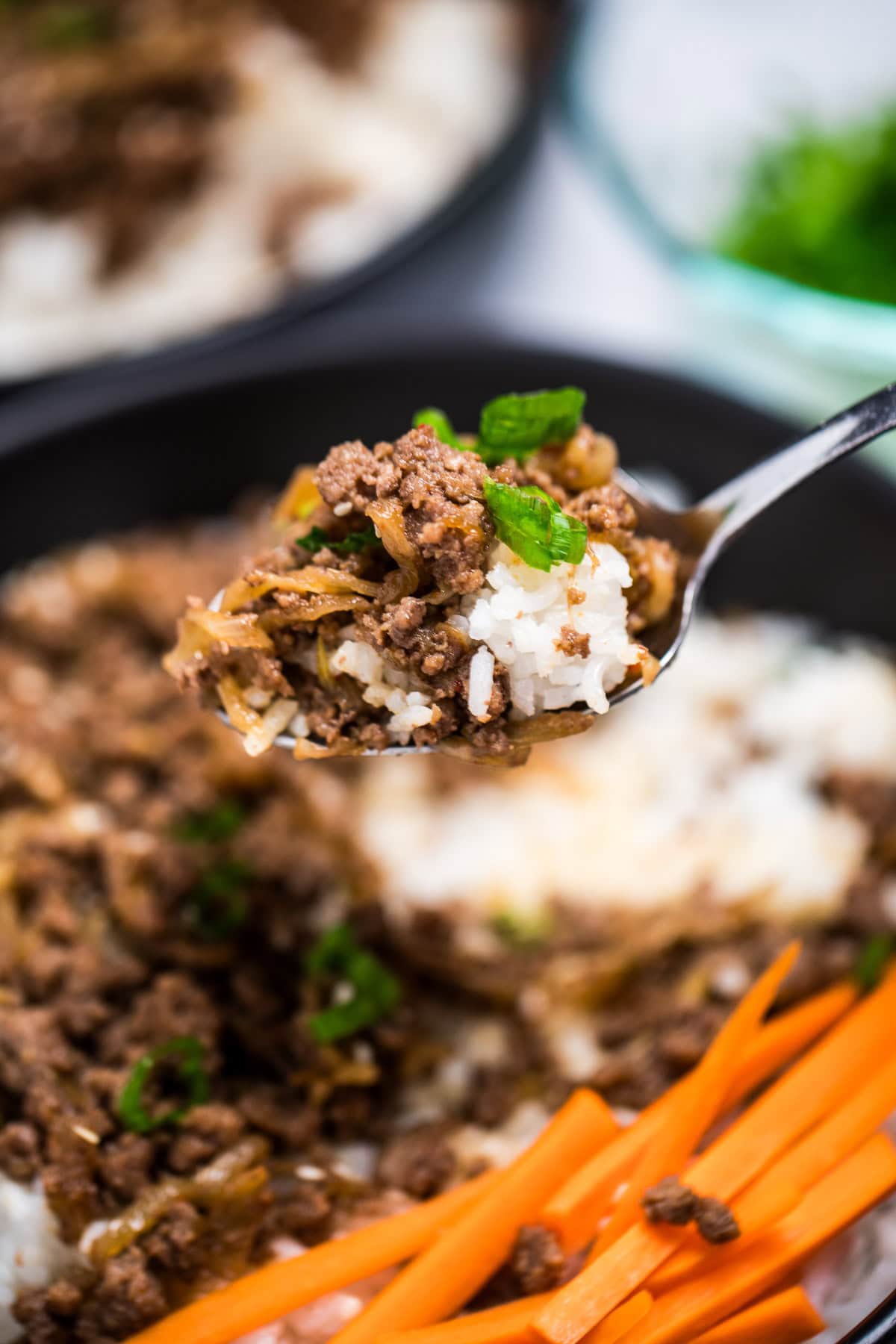 A spoonful of ground beef and rice above a bowl of ground beef, rice, and carrots, with another bowl and green onions in the background.