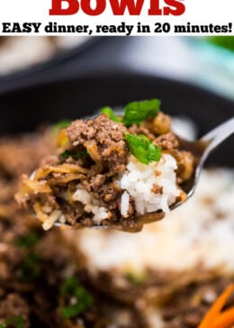 Pinterest pin with a spoonful of ground beef and rice above a bowl of ground beef, rice, and carrots, with another bowl and green onions in the background.