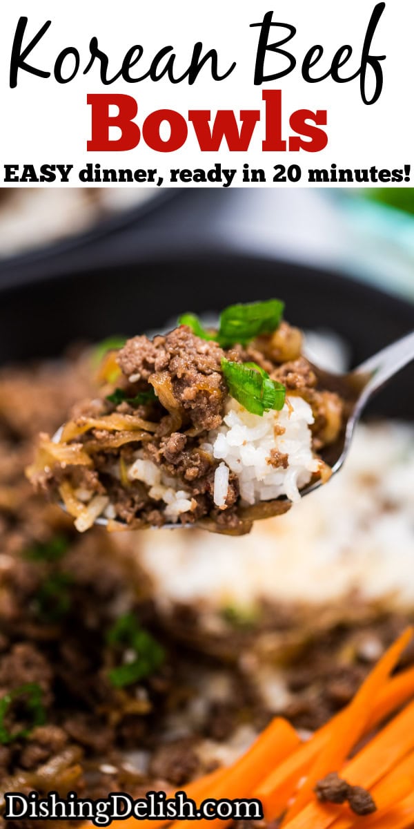 Pinterest pin with a spoonful of ground beef and rice above a bowl of ground beef, rice, and carrots, with another bowl and green onions in the background.