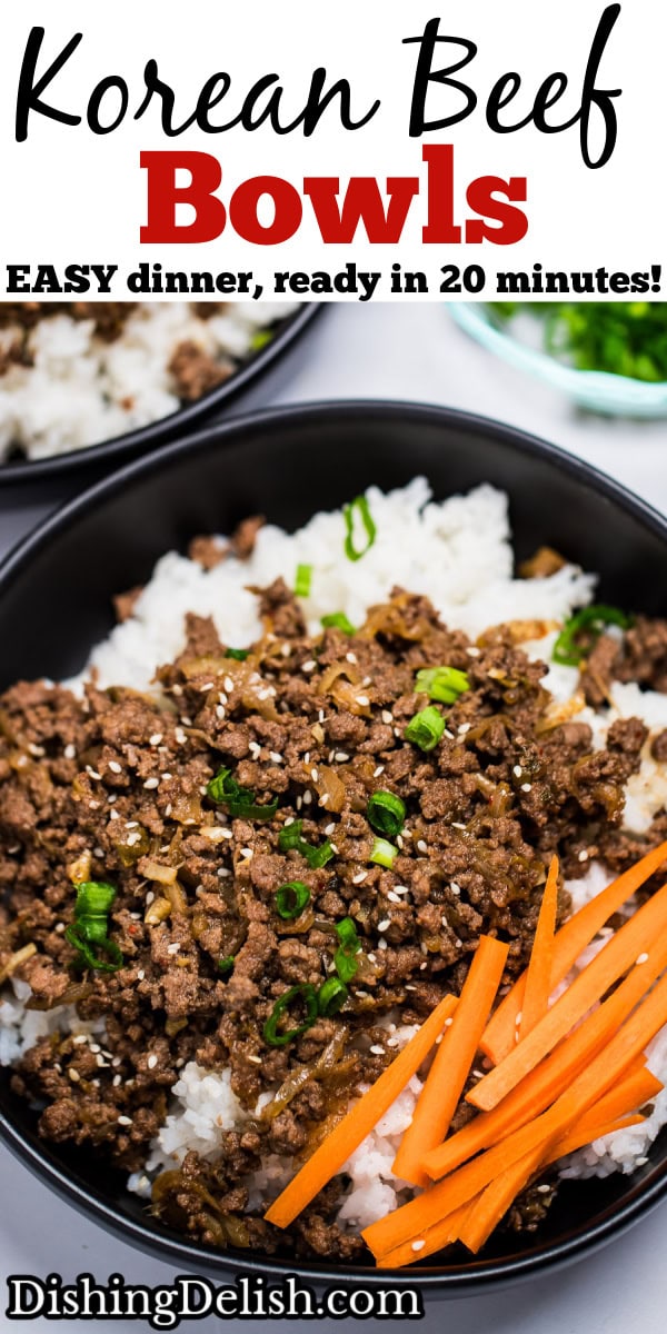 A pinterest pin with a bowl of rice topped with seasoned beef with raw carrot sticks and green onions, with another bowl and green onions in the background.