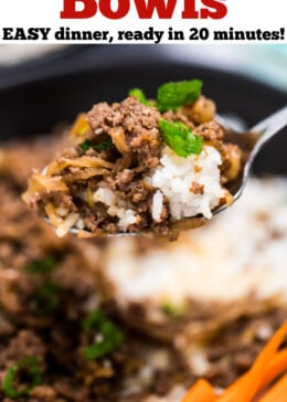 Pinterest pin with a spoonful of ground beef and rice above a bowl of ground beef, rice, and carrots, with another bowl and green onions in the background.