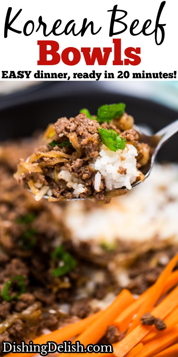 Pinterest pin with a spoonful of ground beef and rice above a bowl of ground beef, rice, and carrots, with another bowl and green onions in the background.