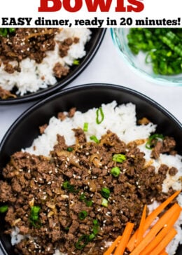 A pinterest pin with a bowl of rice topped with seasoned beef with raw carrot sticks and green onions, with another bowl and green onions in the background.
