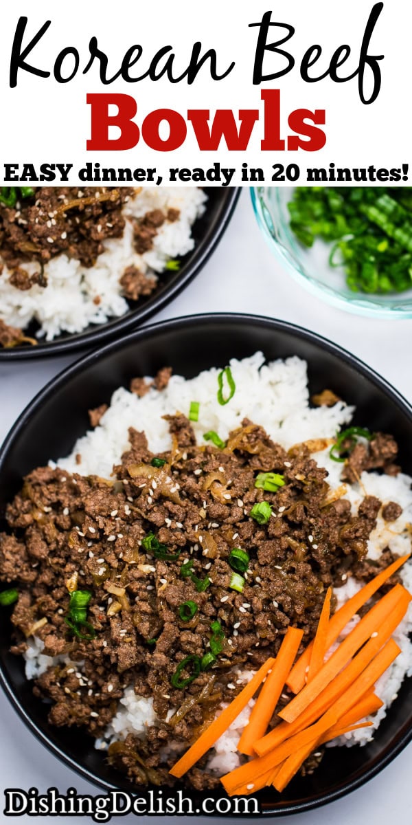 A pinterest pin with a bowl of rice topped with seasoned beef with raw carrot sticks and green onions, with another bowl and green onions in the background.