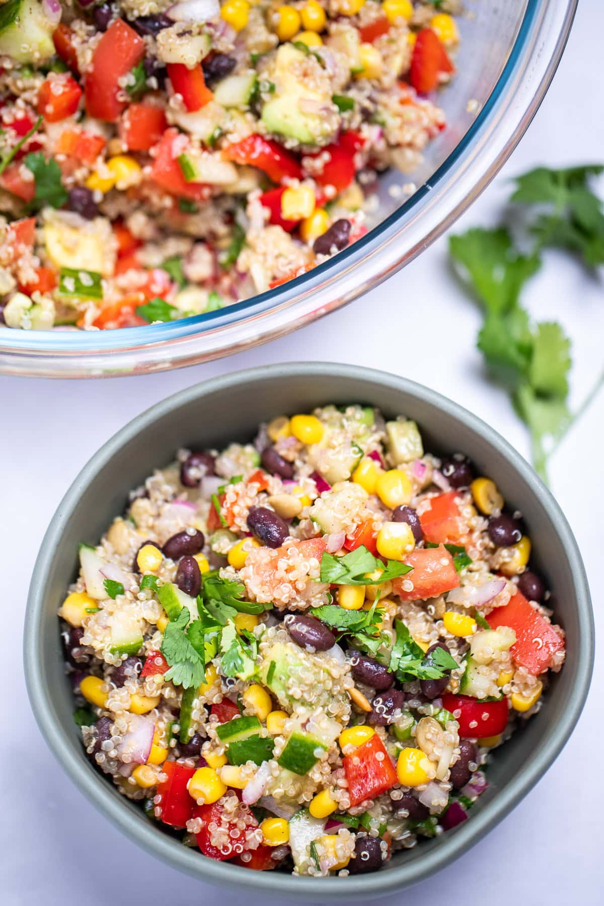 A bowl of black bean quinoa salad topped with fresh cilantro, with a larger glass bowl of salad in the background. A sprig of cilantro rests next to the smaller bowl on the table.