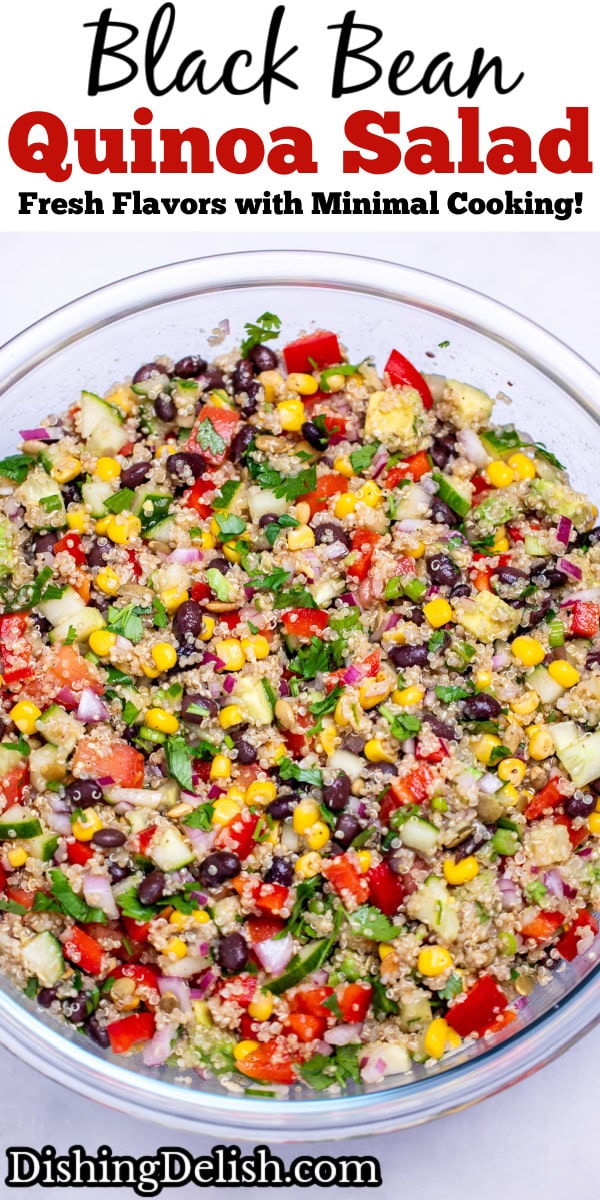 Pinterest pin with a bowl of black bean quinoa salad topped with fresh cilantro on a table.