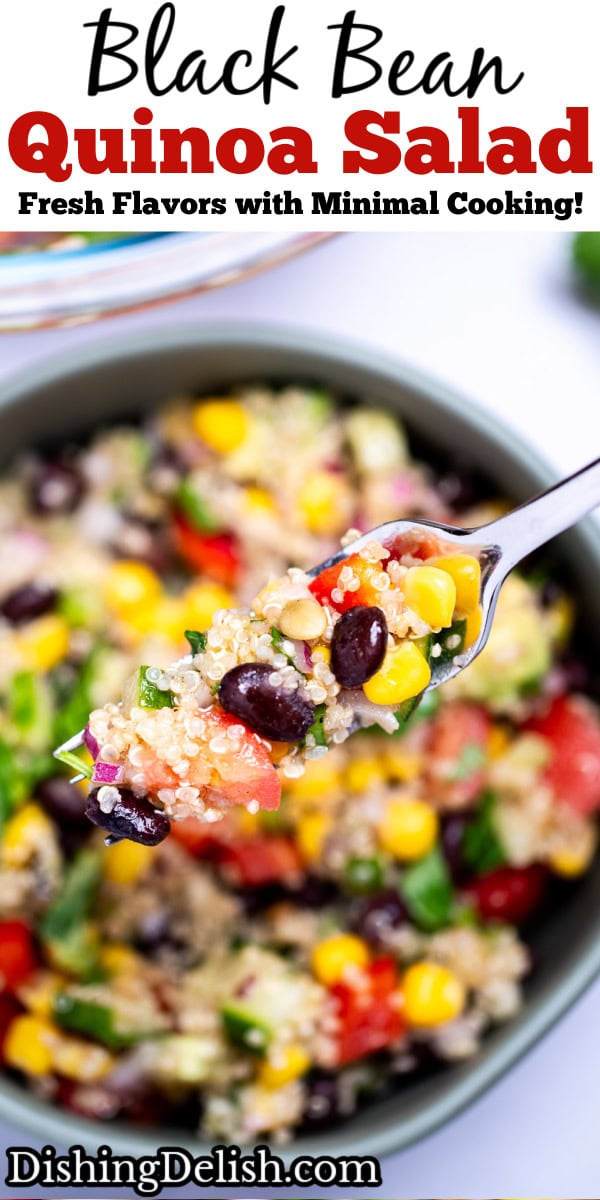 Pinterest pin with a fork lifting black bean quinoa salad from a bowl, with a larger glass bowl of salad in the background.
