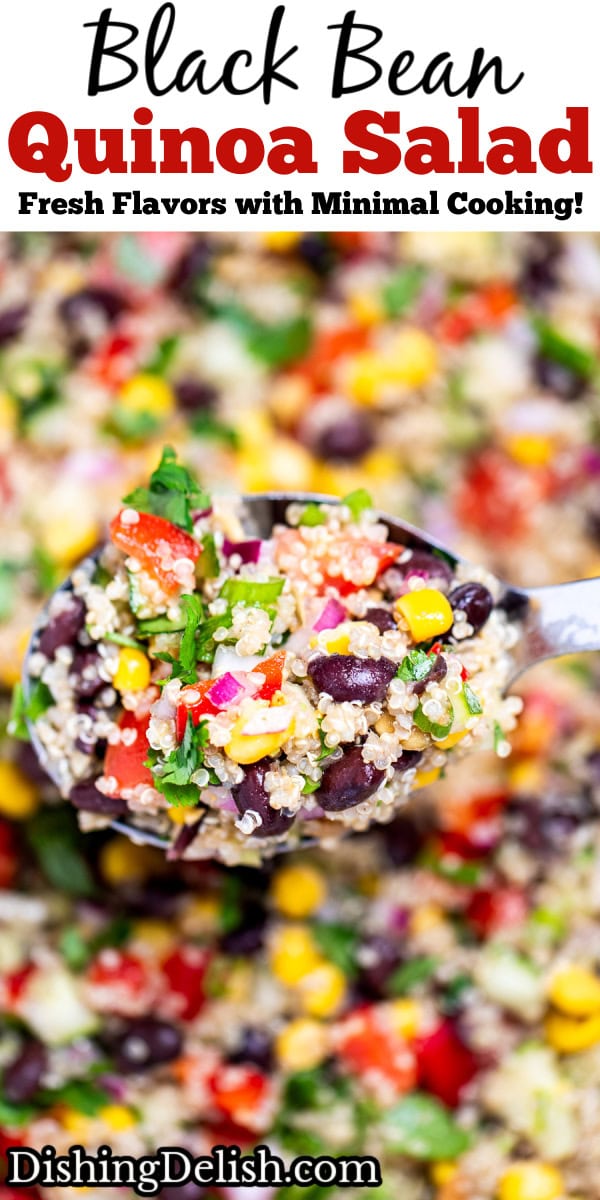 Pinterest pin with a spoon lifting black bean quinoa salad from a bowl.
