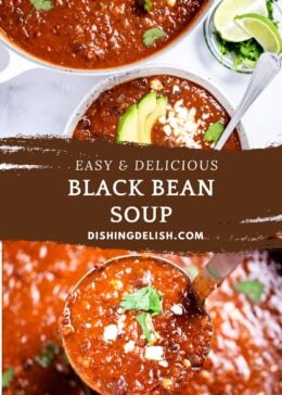 Pinterest pin with a photo of a bowl of black bean soup by a dutch oven on top, and a ladle lifting up soup on the bottom.