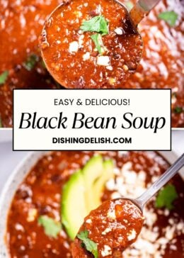 Pinterest pin with a ladle lifting up soup on the top, and a spoon lifting soup out of a bowl on the bottom.