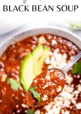 Pinterest pin with a spoon lifting soup out of a bowl topped with queso fresco and fresh cilantro.
