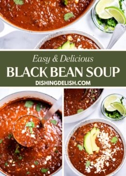 Pinterest pin with a photo of a dutch oven next to a bowl of black bean soup with lime wedges and cilantro on the side, and two photos on the bottom. The left is a ladle lifting soup out of a pot, and the right photo is a bowl of black bean soup topped with queso fresco and avocado slices, with lime wedges in the background.