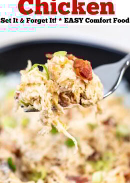 Pinterest pin with a fork lifting some cream cheese chicken up from a bowl of rice, topped with crispy bacon pieces and green onion.