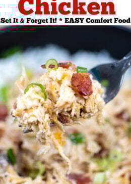 Pinterest pin with a fork lifting some cream cheese chicken up from a bowl of rice, topped with crispy bacon pieces and green onion.