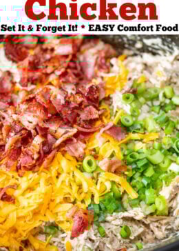 Pinterest pin with a crockpot of fully cooked cream cheese chicken topped with shredded cheddar cheese, green onions, and crispy bacon before being mixed together.