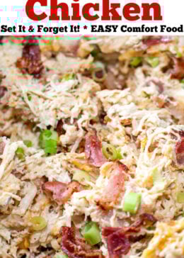 Pinterest pin with a crockpot of fully cooked cream cheese chicken topped with shredded cheddar cheese, green onions, and crispy bacon.