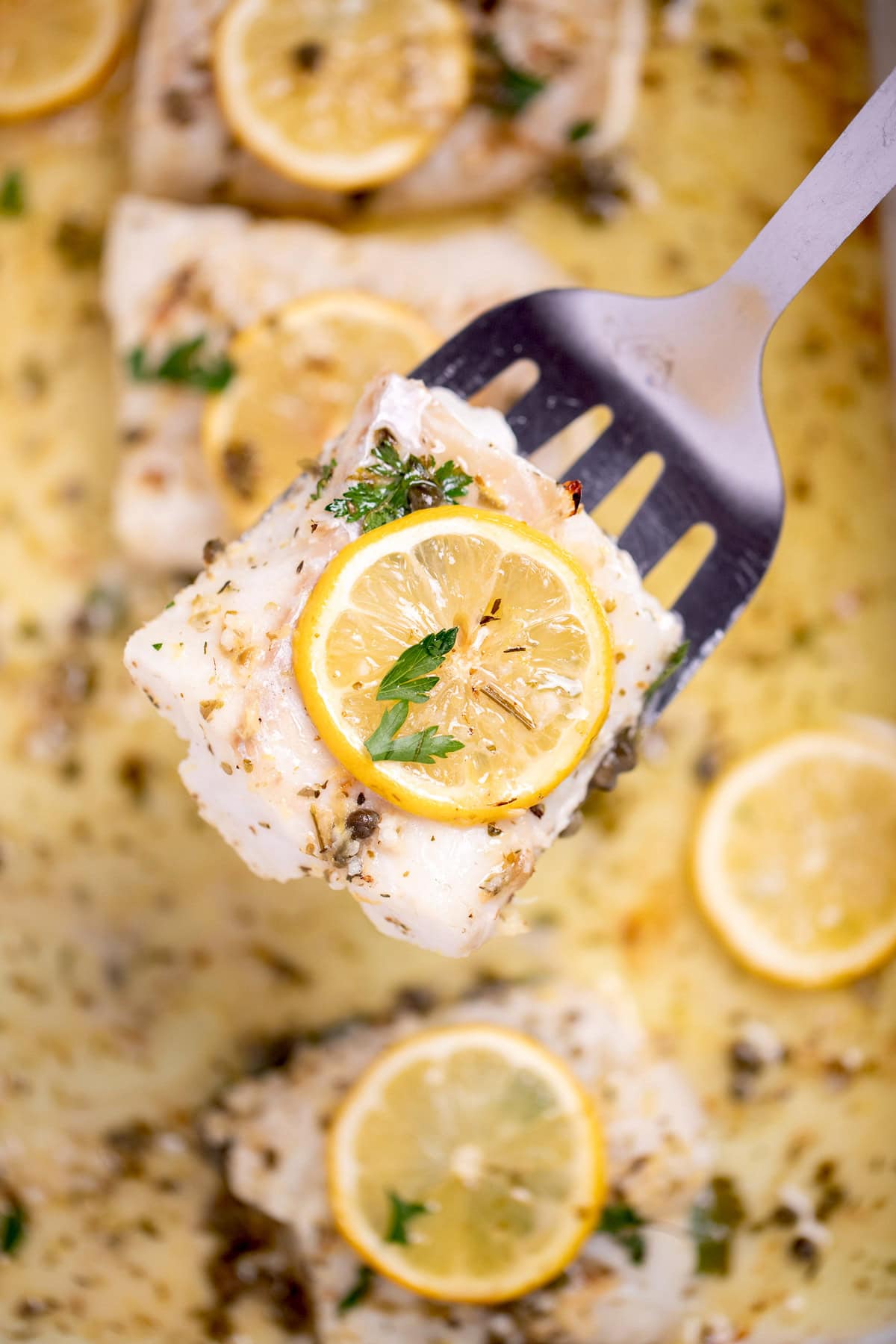 A baking dish with four cooked cod fillets, topped with lemon slices and fresh parsley, and in a lemon butter sauce. A spatula is lifting up one of the cod pieces.