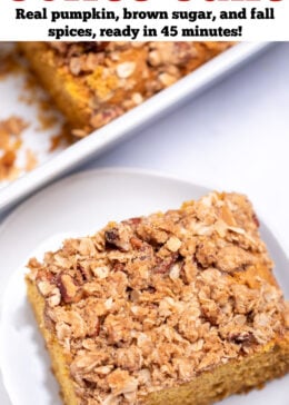 Pinterest pin with a piece of coffee cake on a plate next to the baking dish with more cake in it.
