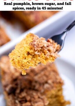 Pinterest pin with a fork lifting a piece of coffee cake up from a plate.